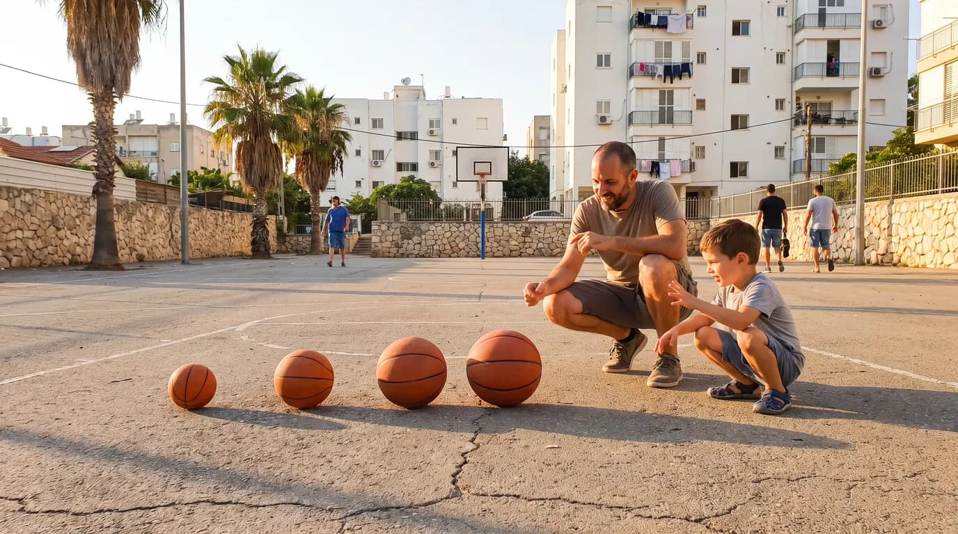 אב וילד ישראלים משווים בין כדורי כדורסל במידות שונות שמסודרים בשורה על מגרש שכונתי