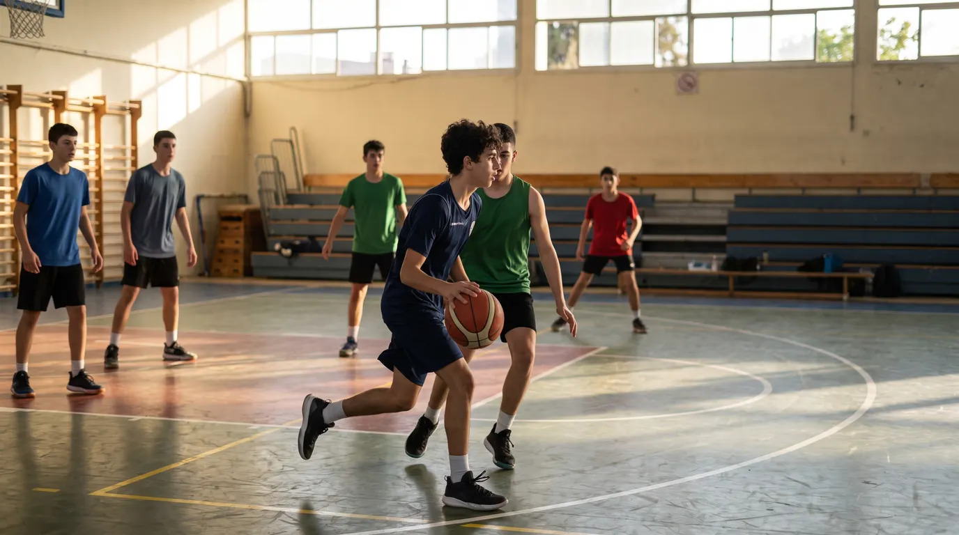 שחקן נוער ישראלי מוביל את הכדור מעל קו האמצע באולם כדורסל שכונתי, מול לחץ של מגן