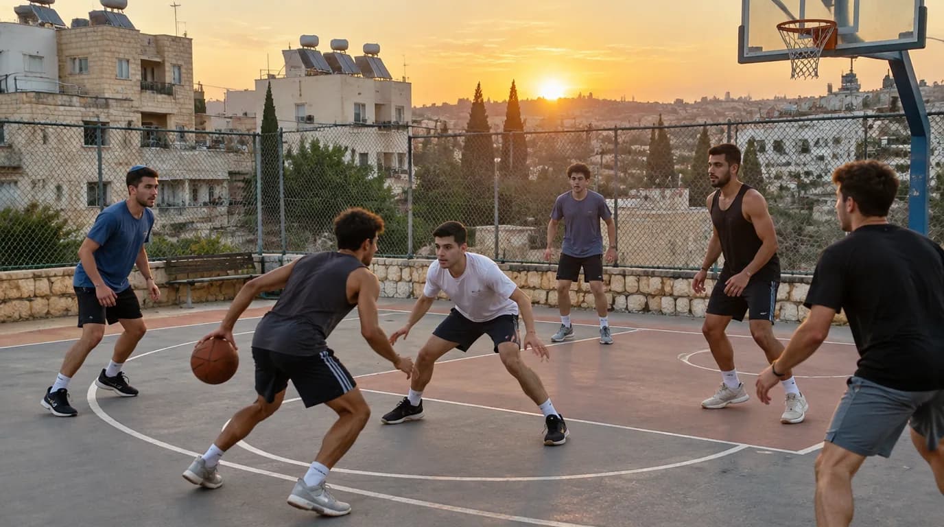 שלושה נגד שלושה בחצי מגרש כדורסל חיצוני בשכונה בישראל, באור שקיעה ים תיכוני