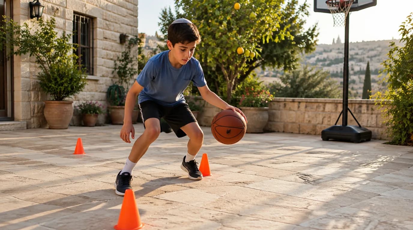 ילד מדריבל בין קונוסים כתומים במרפסת מרוצפת אבן ירושלמית, ומאחוריו סל נייד מתכוונן והרים ברקע