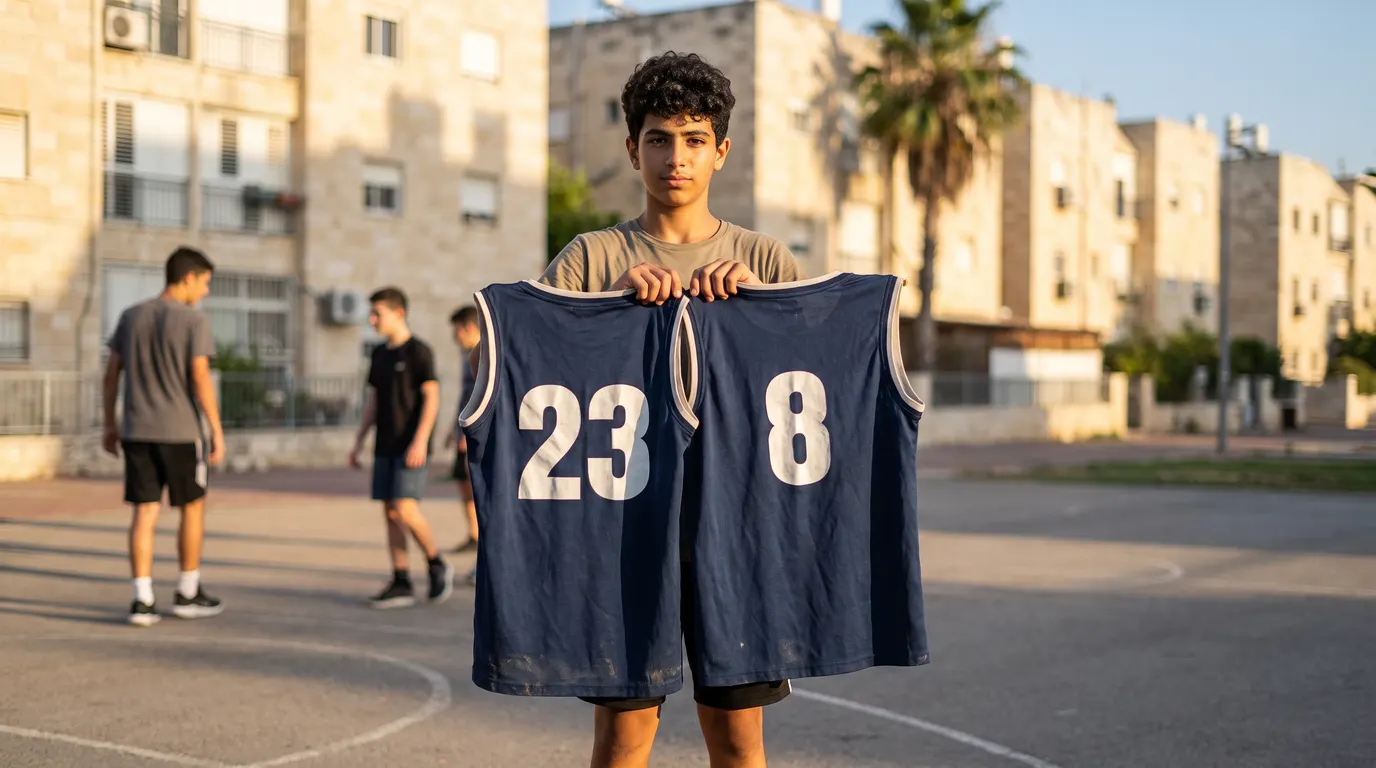 נער ישראלי במגרש כדורסל שכונתי מחזיק שתי גופיות עם המספרים 23 ו-8, בין בנייני אבן באור אחר הצהריים