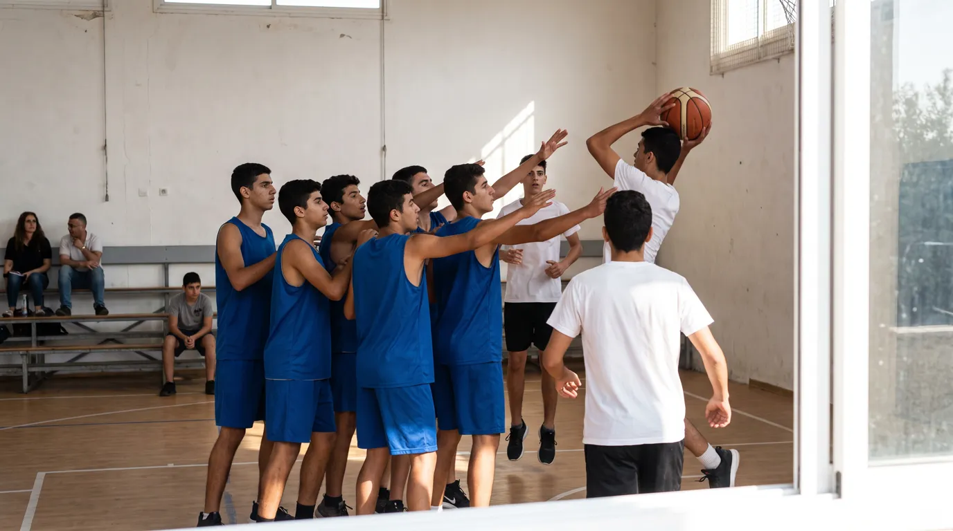 שחקני נוער בחולצות כחולות מגינים בצפיפות על שחקן בחולצה לבנה שזורק, באולם כדורסל בית ספרי בישראל