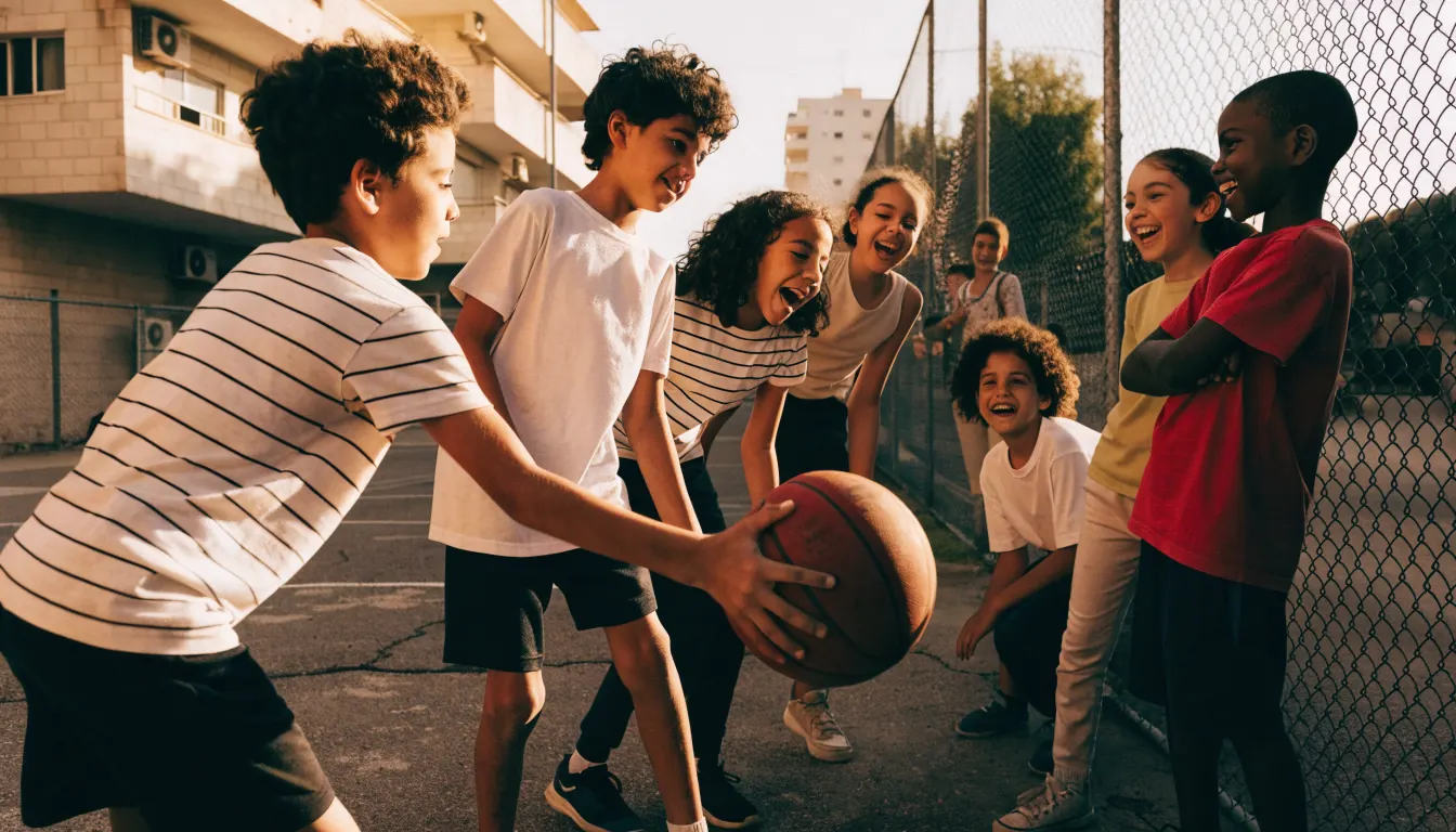 קבוצת ילדים ישראלים בגבהים שונים מתאמנים יחד במגרש כדורסל קהילתי