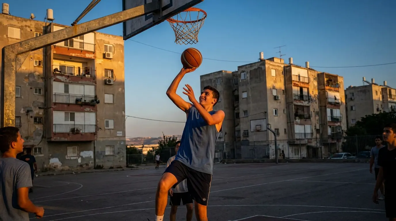 נער ישראלי מבצע קליעה למגרש כדורסל שכונתי בשעת בין ערביים, עם אצטדיון מקצועי מטושטש באופק ברקע