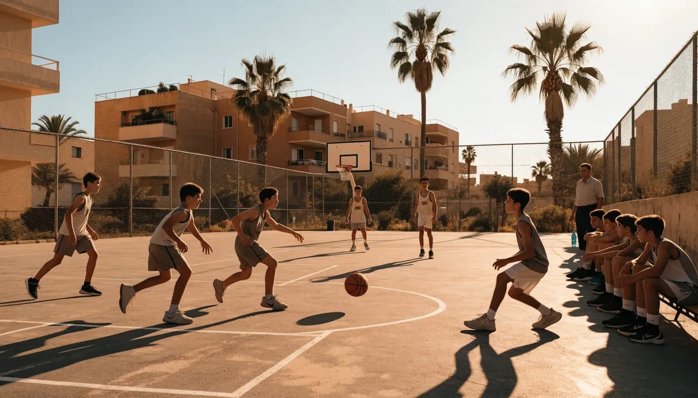 קבוצת נוער ישראלית משחקת כדורסל במגרש קהילתי באור ים תיכוני, חמישה שחקנים על המגרש ושחקני ספסל מוכנים להחלפה