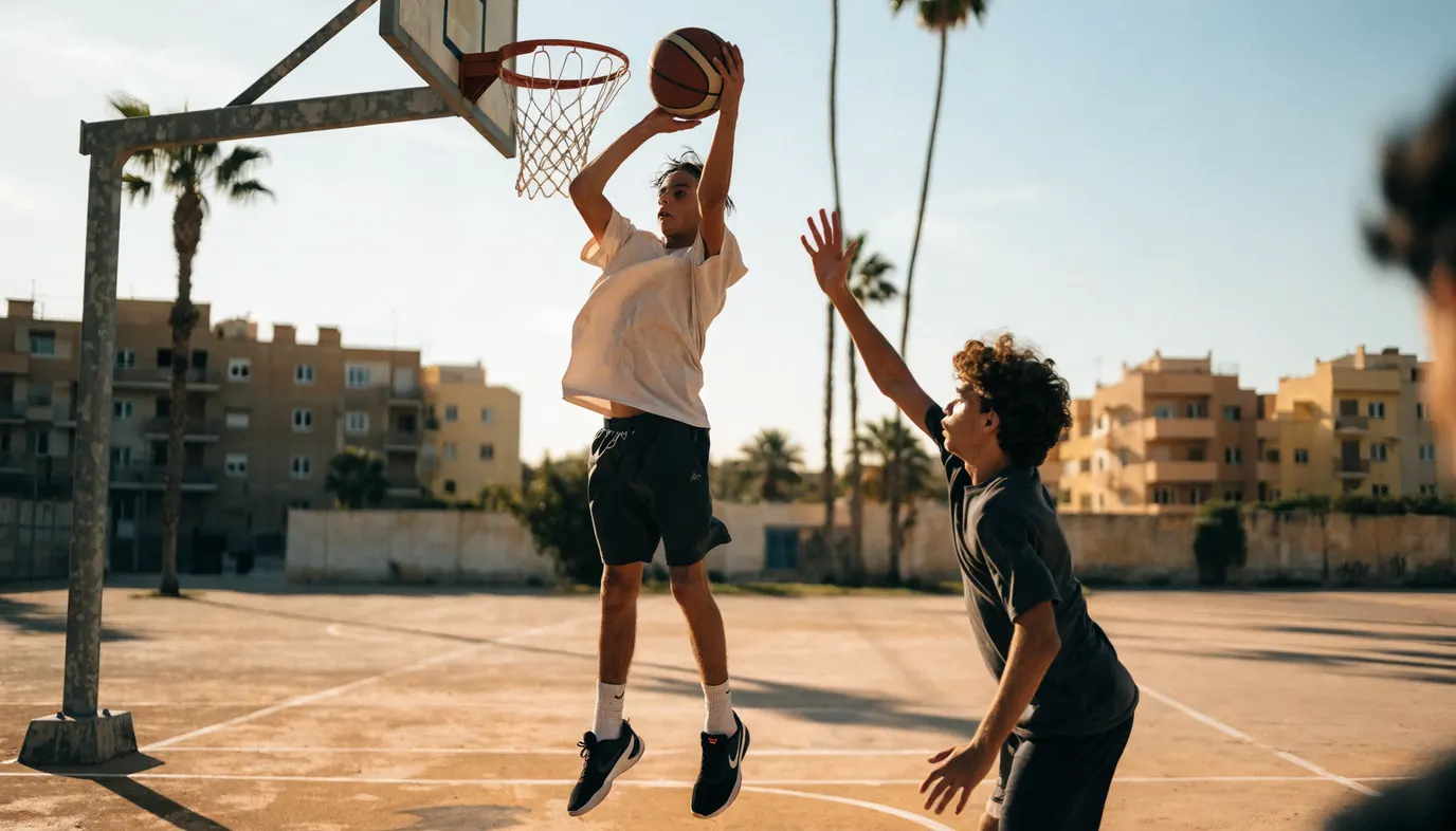 נער ישראלי מבצע קפיצה וזריקה לסל במגרש כדורסל קהילתי חיצוני, שחקן מגן עליו לצידו