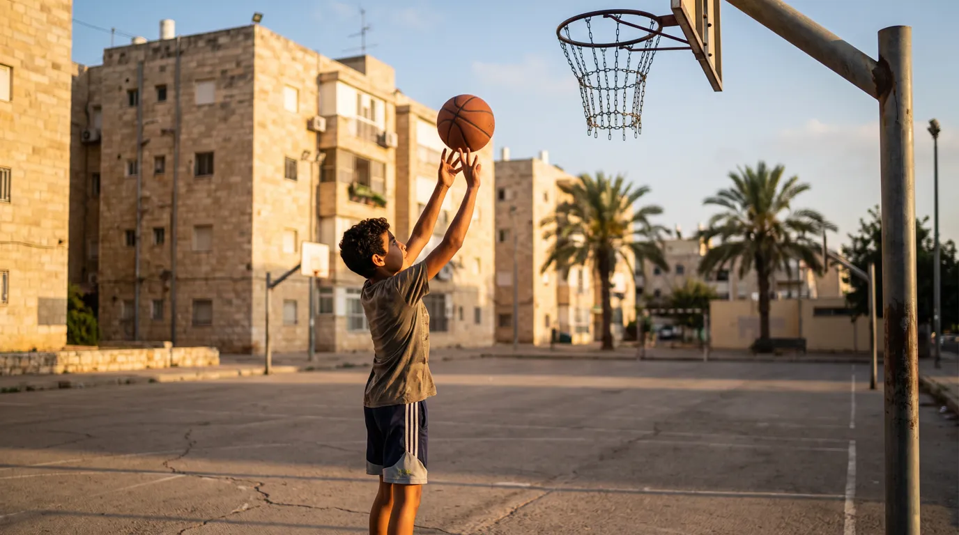 ילד זורק לסל במגרש כדורסל שכונתי באור שקיעה ים תיכוני, ידיים פשוטות אחרי השחרור, בנייני אבן ועצי דקל ברקע