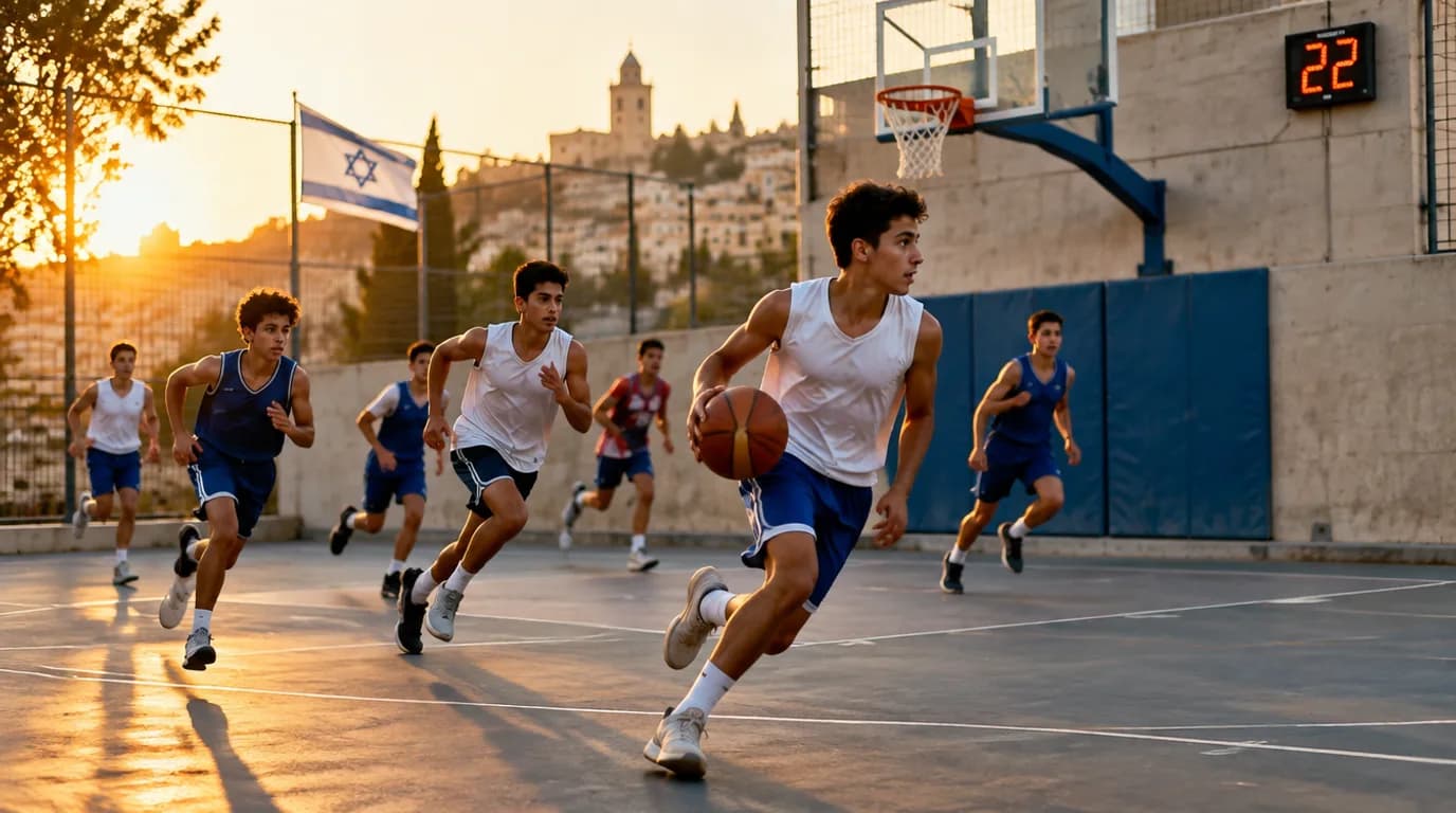 שעון קליעה עם ספירה לאחור באולם כדורסל ישראלי, קבוצה מתקדמת בהתקפה מהירה