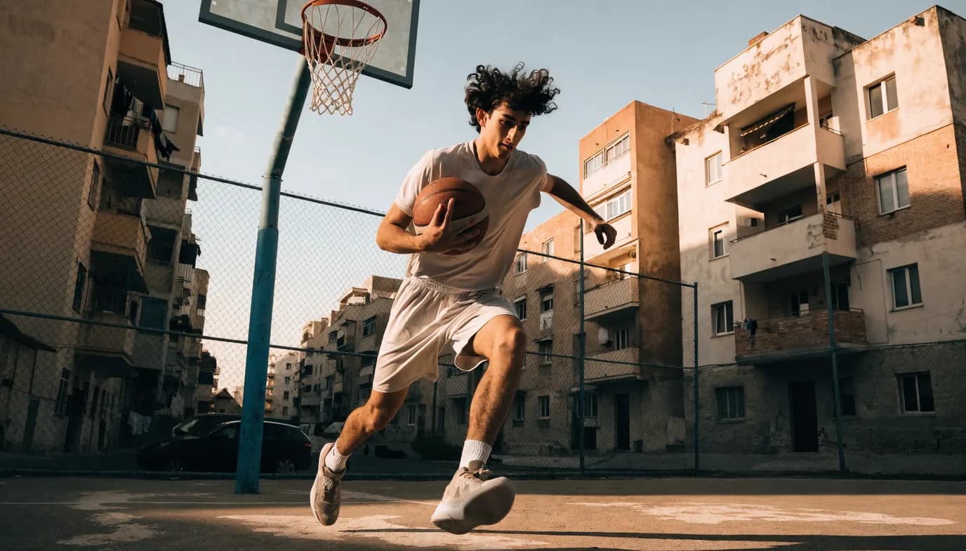 שחקן כדורסל צעיר בעמדת סמול פורוורד חודר לסל עם הכדור על מגרש חיצוני בישראל, אור ים תיכוני
