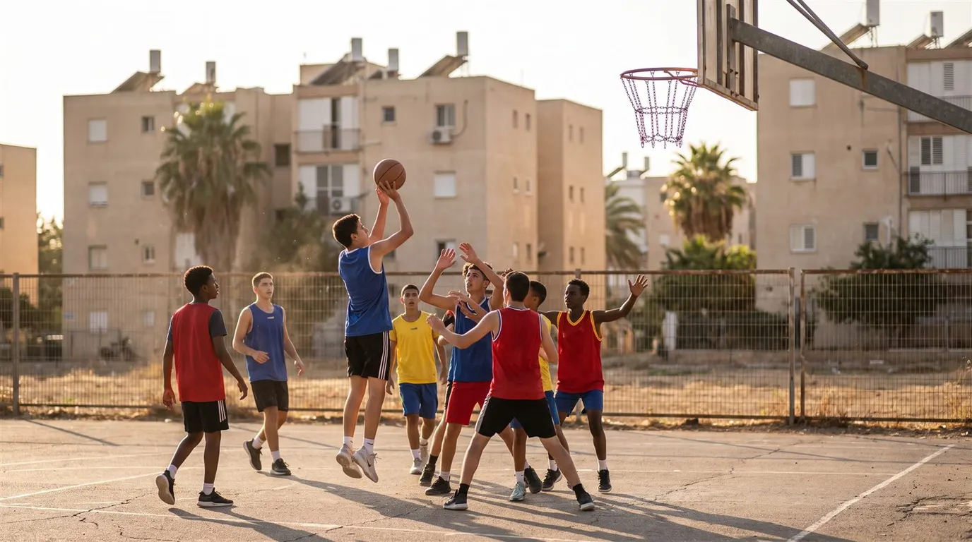 ילדים ונוער משחקים כדורסל במגרש שכונתי בישראל בשעת אור ערב חמה. גיוס משאבים לקבוצת כדורסל קהילתית עם מצ'אפ
