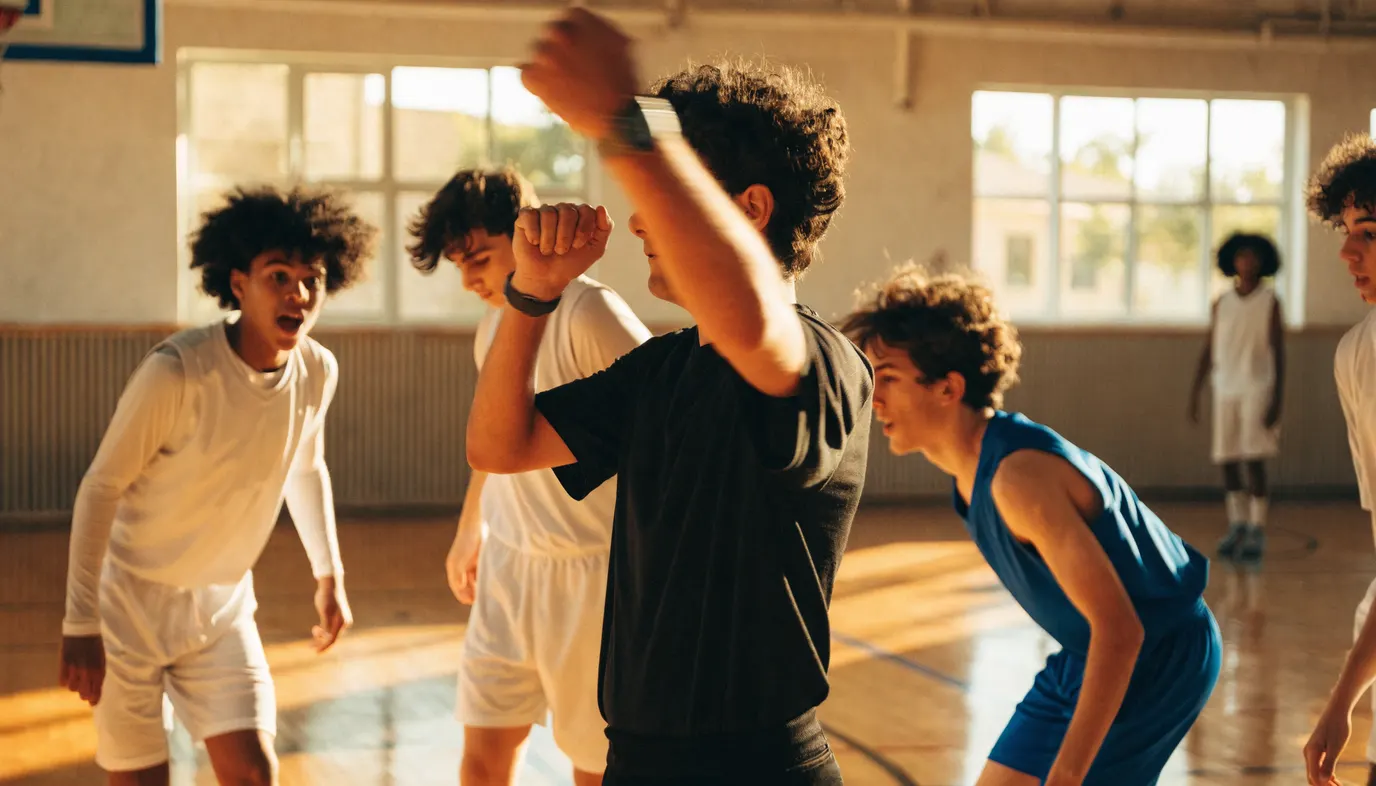 שופט כדורסל מסמן עבירת צעדים באולם קהילתי ישראלי מוצף אור, שחקני נוער סביבו
