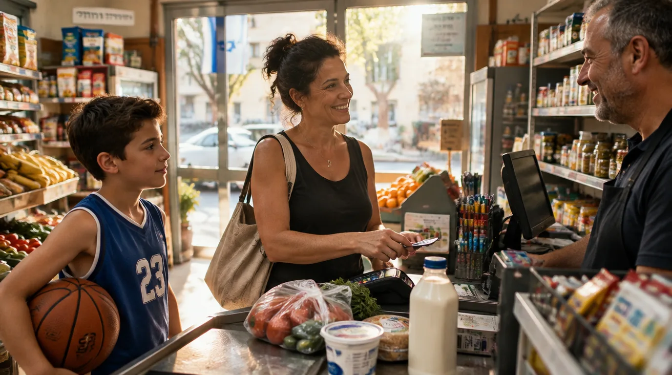 הורה ישראלי משלם בקופה של עסק מקומי בשעות הצהריים, עם ילד שמחזיק כדור ספורט לצידו