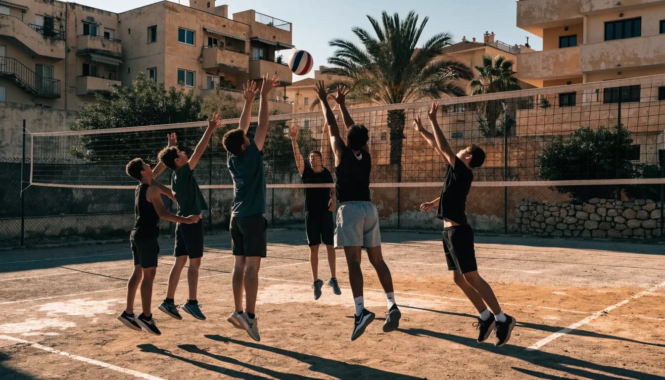 שחקני כדורעף צעירים בישראל קופצים לחסימה ליד הרשת במגרש חוץ קהילתי, אור שמש ים תיכוני ובנייני מגורים ברקע