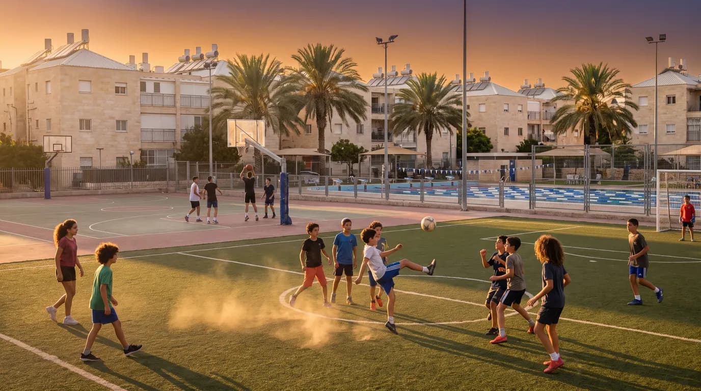 ילדים ונערים ישראלים משחקים כדורגל במגרש של מרכז ספורט קהילתי בשעת שקיעה, ברקע מגרש כדורסל ובריכה פתוחה, עצי דקל ובנייני מגורים
