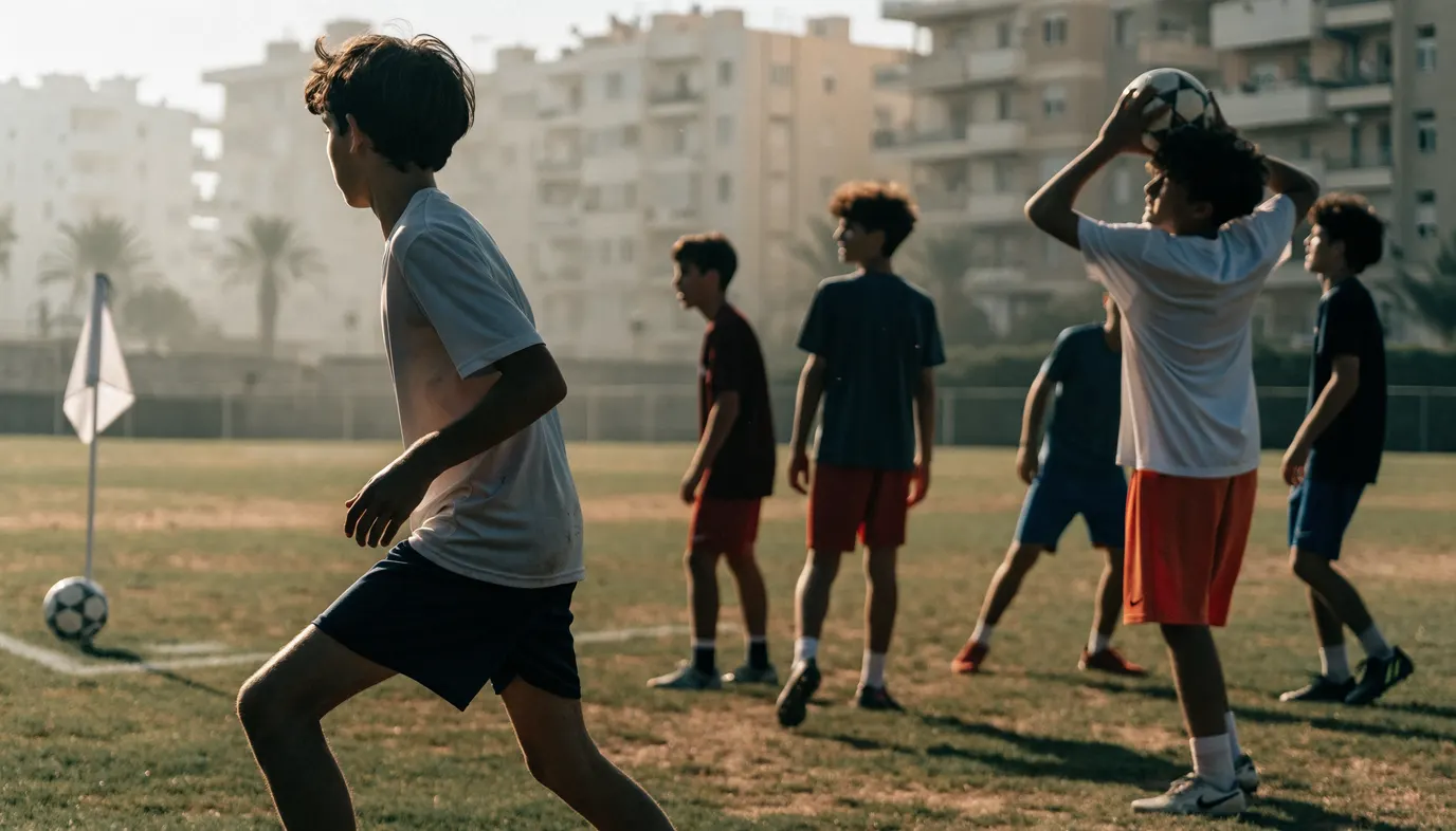 שחקני נוער ישראלים במגרש כדורגל קהילתי, אחד מבצע בעיטת קרן מקשת הפינה והשני מתכונן לזריקת חוץ בשתי ידיים מאחורי הראש
