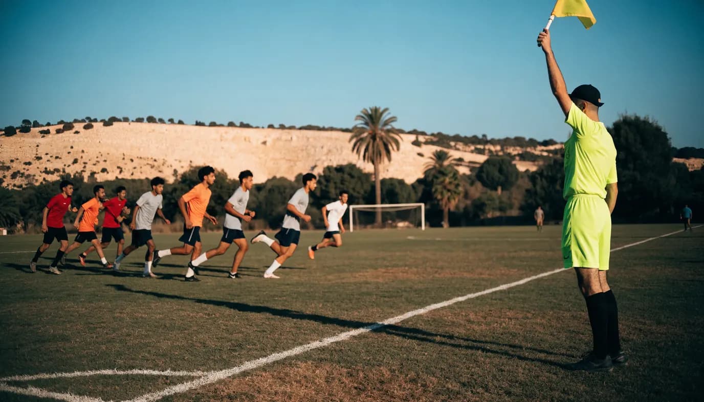 שופט עוזר מרים דגל לסימון נבדל בקו המגרש, שחקני כדורגל צעירים ישראלים רצים ברקע במגרש קהילתי באור ים-תיכוני