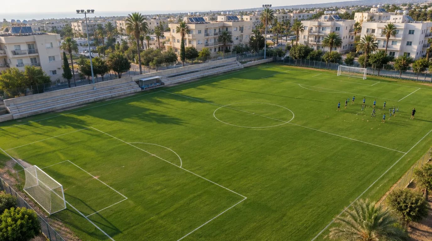 מבט מלמעלה על מגרש כדורגל ירוק בישראל עם קווי סימון לבנים, באור שמש ים תיכוני