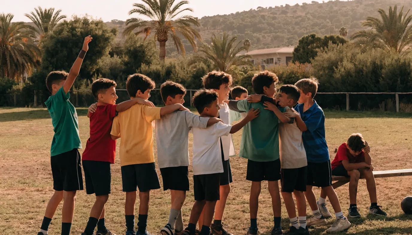 קבוצת כדורגל ישראלית של ילדים עומדת יחד על מגרש קהילתי, כולל שחקן חילופי בצד המגרש, באור שמש ים תיכוני חם