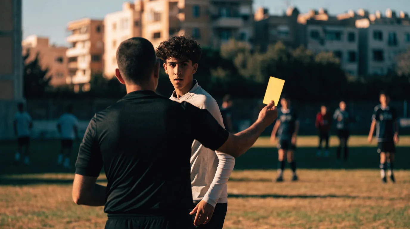 שופט מרים כרטיס צהוב לשחקן צעיר במהלך משחק נוער במגרש כדורגל קהילתי בישראל