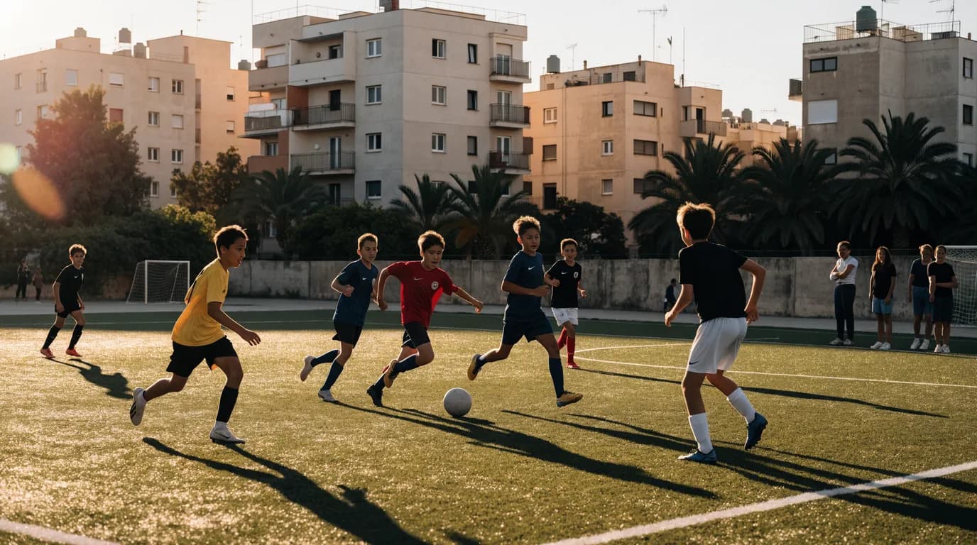 ילדים משחקים כדורגל על מגרש דשא סינתטי קטן בעיר בישראל, באור שקיעה ים תיכוני