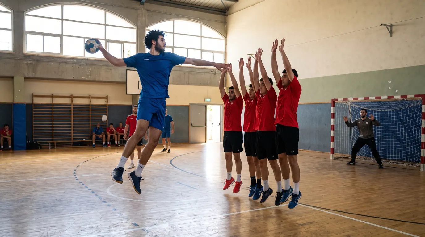 שחקן אחור בכדוריד ישראלי קופץ מקו 9 המטר וזורק מעל חומת ההגנה באולם ספורט קהילתי