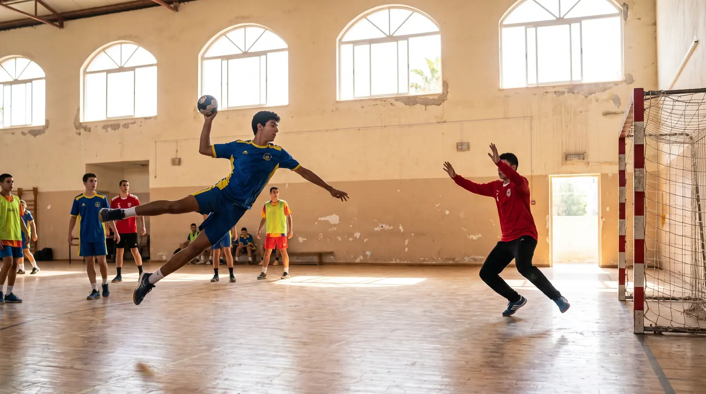 שחקן כנף בכדוריד ישראלי קופץ מפינת המגרש לעבר השער באולם ספורט קהילתי