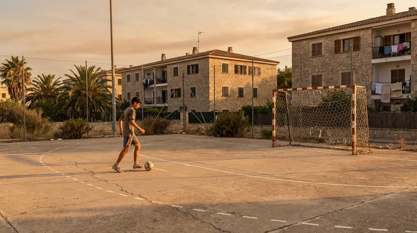 נער מתרגל כדורגל לבד במגרש שכונתי בישראל בשעת ערב חמה, מתחיל את דרכו במשחק
