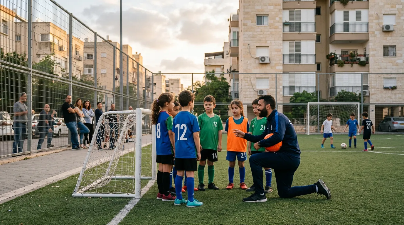 מאמן כורע ברך ומסביר לילדים בני 7 עד 9 על מגרש סינתטי שכונתי עם שערים קטנים, וההורים צופים מאחורי הגדר באור ערב