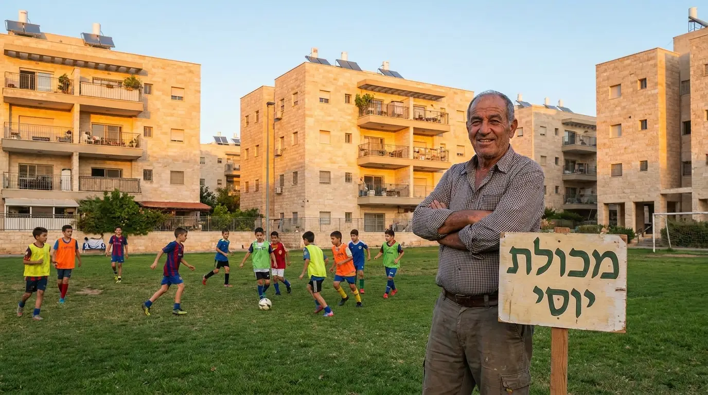 בעל עסק מקומי ישראלי עומד גאה בצד המגרש ומביט בקבוצת ילדים משחקת כדורגל, שלט העסק נראה ברקע