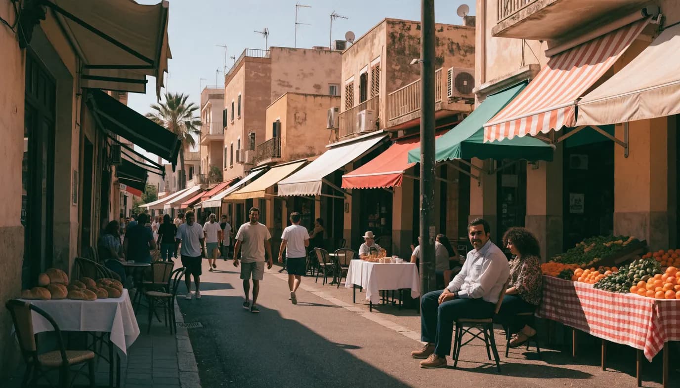 רחוב מסחרי ישראלי תוסס עם חזיתות חנויות ושוק פתוח באור ים תיכוני. עסקים ברחוב הרצל ברחובות