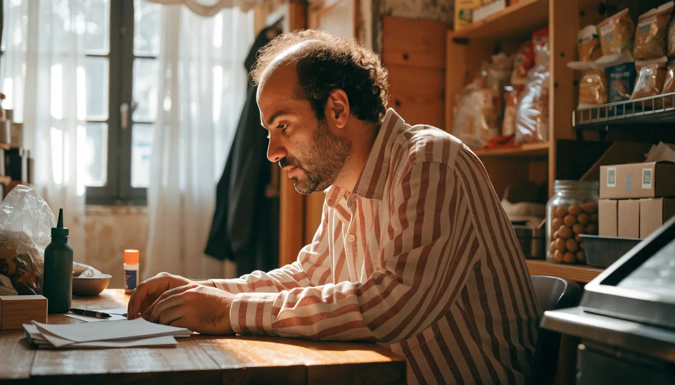 בעל עסק ישראלי מביט בערימת מכתבי בקשות תרומה וחסות על שולחן העסק