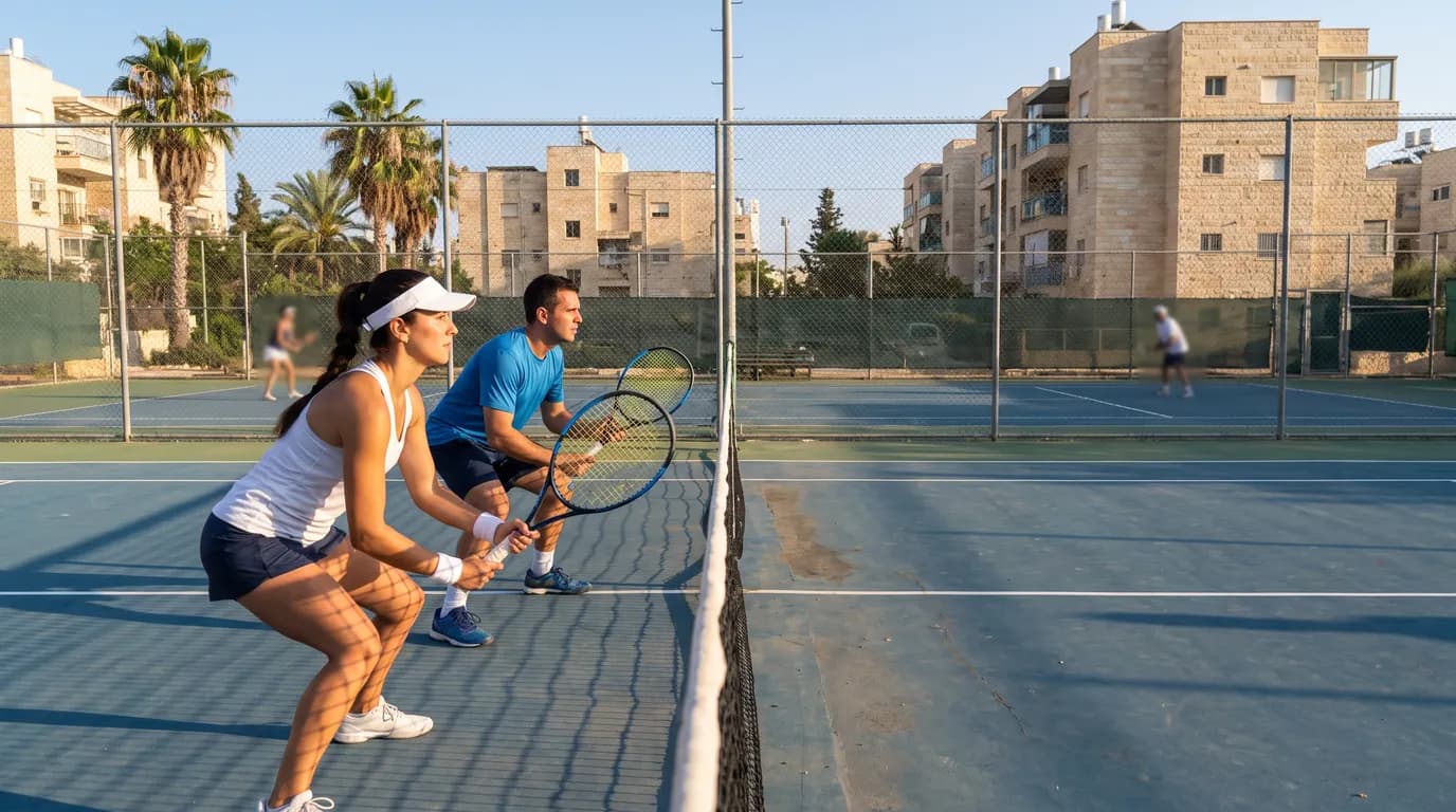 זוג שחקני טניס ישראלים ליד הרשת במשחק זוגות במגרש קהילתי בישראל