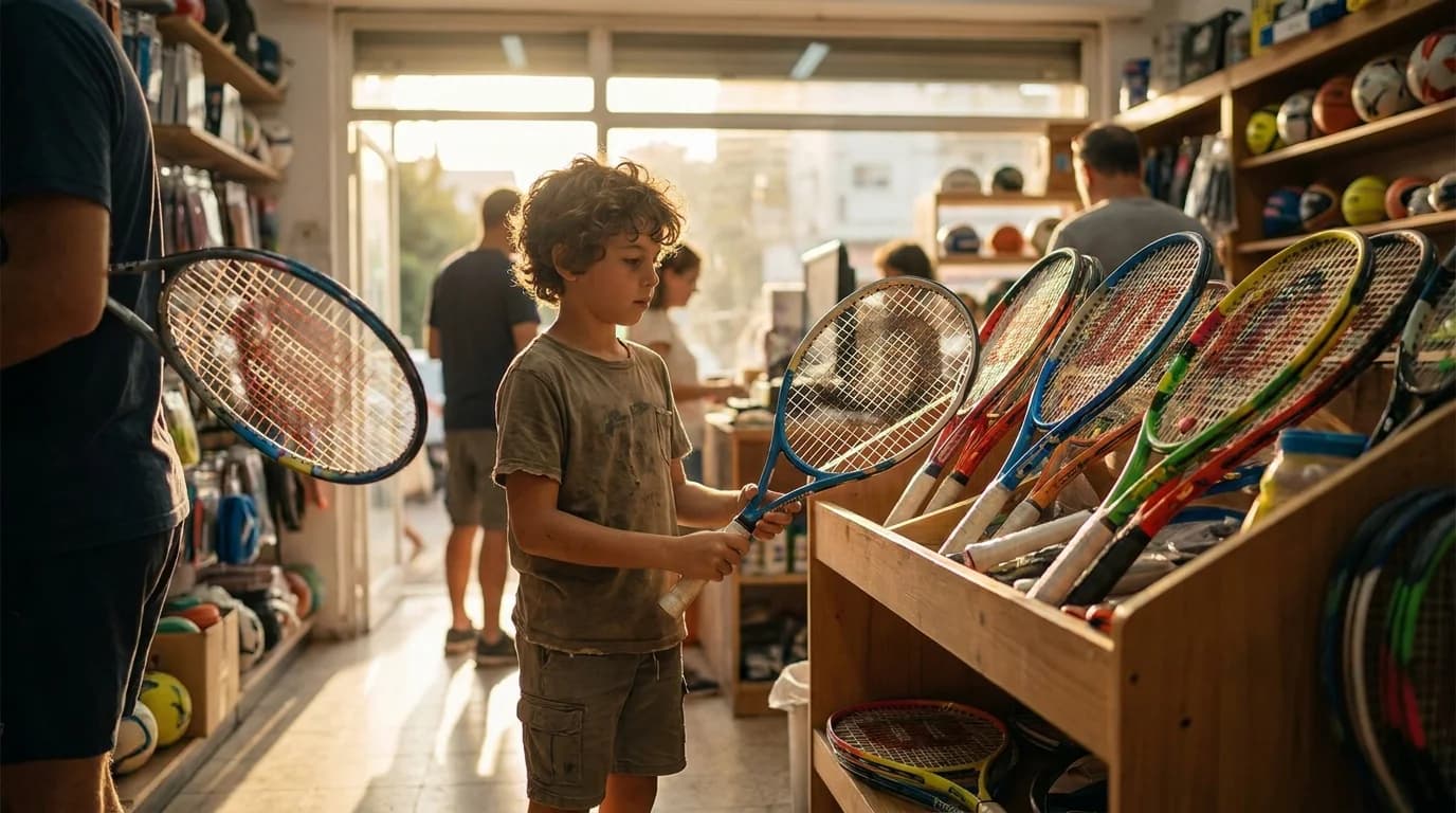 ילד בוחר מחבט טניס בחנות ספורט בישראל, מדף מחבטים בגדלים שונים