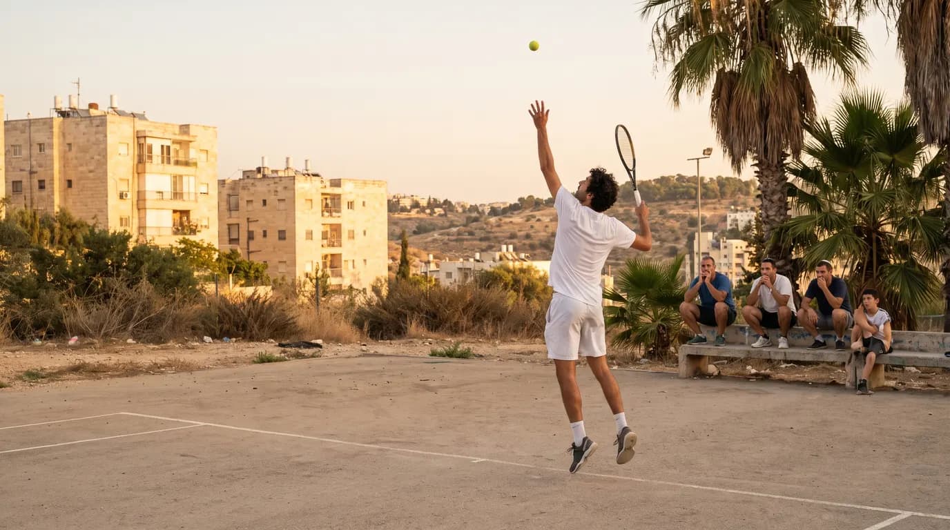 שחקן טניס ישראלי מגיש ברגע מתוח של טייברייק במגרש קהילתי בישראל, באור ים תיכוני
