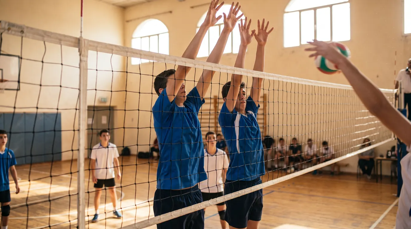 שני חוסמים מרכזיים צעירים בכדורעף קופצים יחד מול הרשת באולם קהילתי בישראל