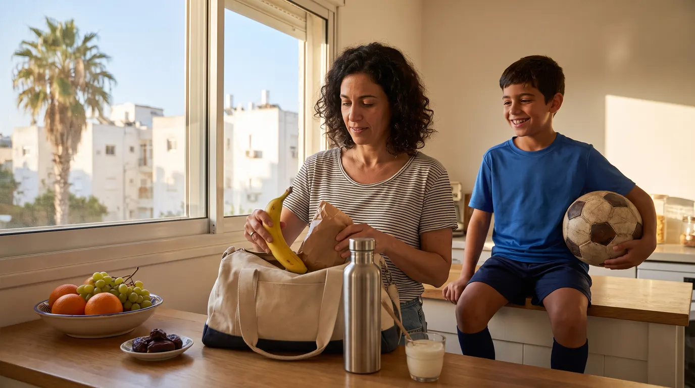 אמא ישראלית אורזת לבנה בן 9 במדי כדורגל בננה, פיתה ובקבוק מים לתיק האימון, במטבח מואר באור בוקר ים תיכוני
