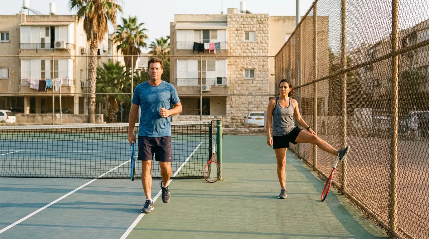 מגרש טניס עירוני בישראל באור יום, שני שחקנים מתחממים לפני משחק